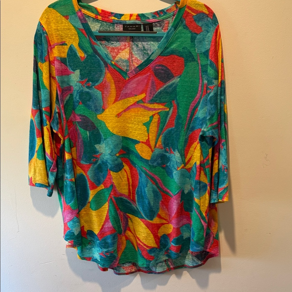Tahari Linen Multicolor Floral Long Sleeve Top